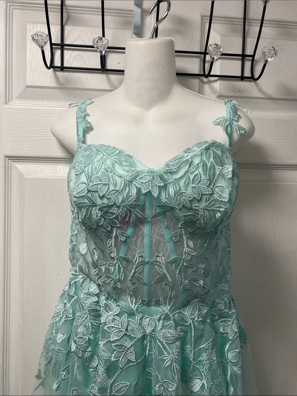 Aqua Floral Appliqué Tulle Gown